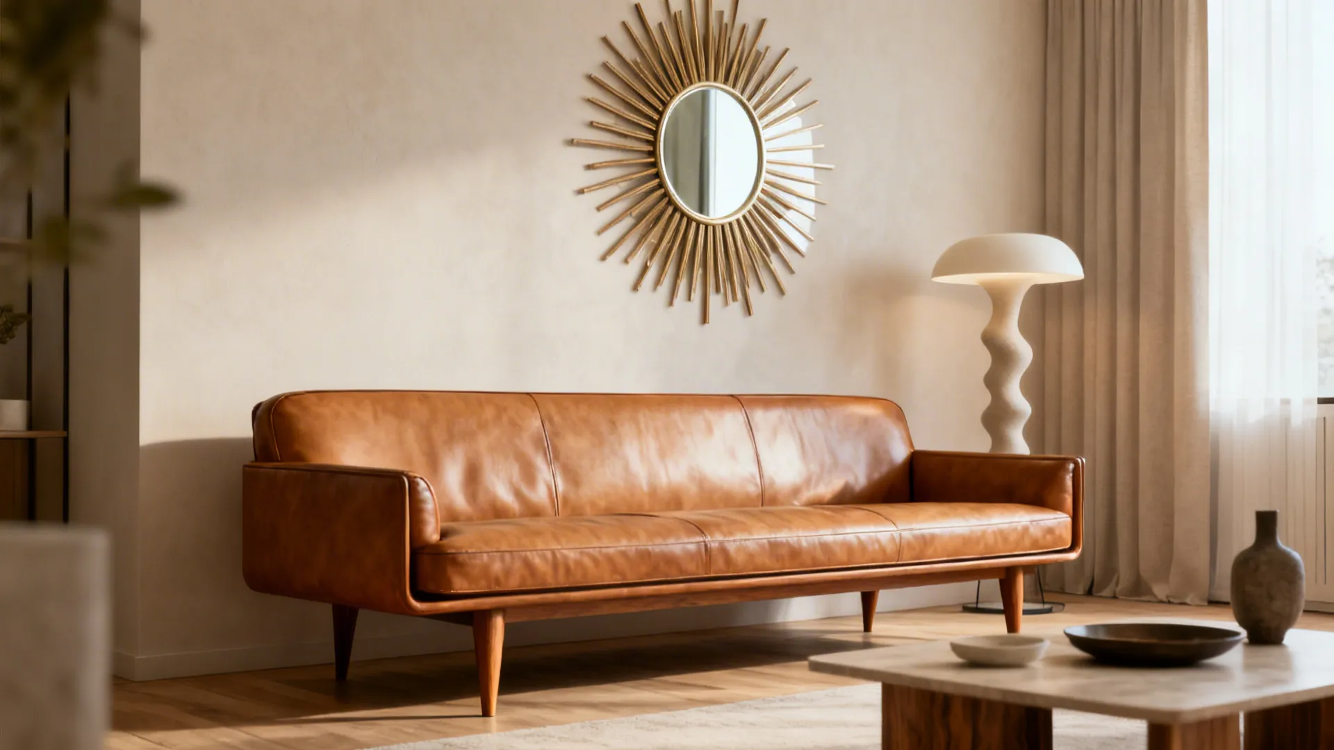 Minimalist living room with brown leather sofa sunburst wall mirror floor lamp and marble table