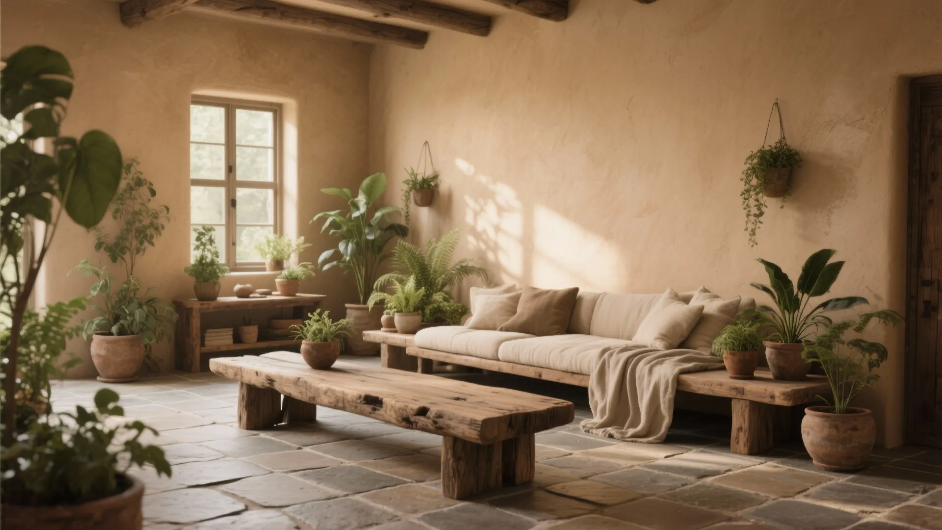 Rustic living room featuring beige walls stone floor wooden coffee table sofa and various plants