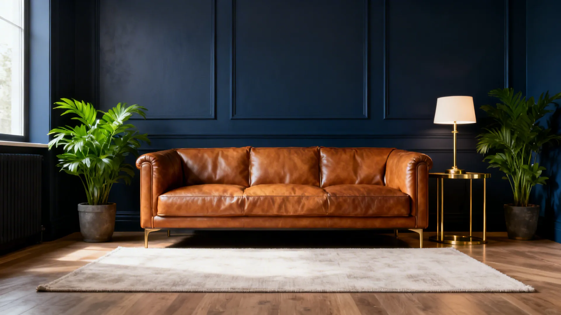 Brown leather sofa against blue wall panel with gold table lamp and green indoor potted plants