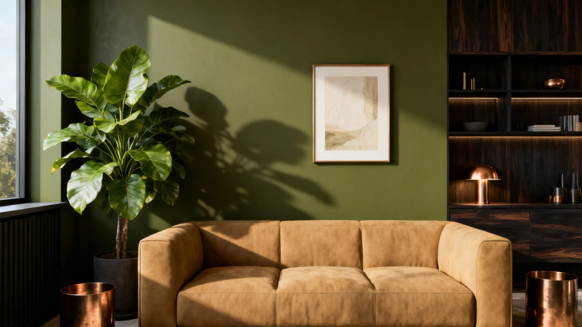 Tan sofa against olive green wall featuring large green plant and dark wood bookshelf lamp