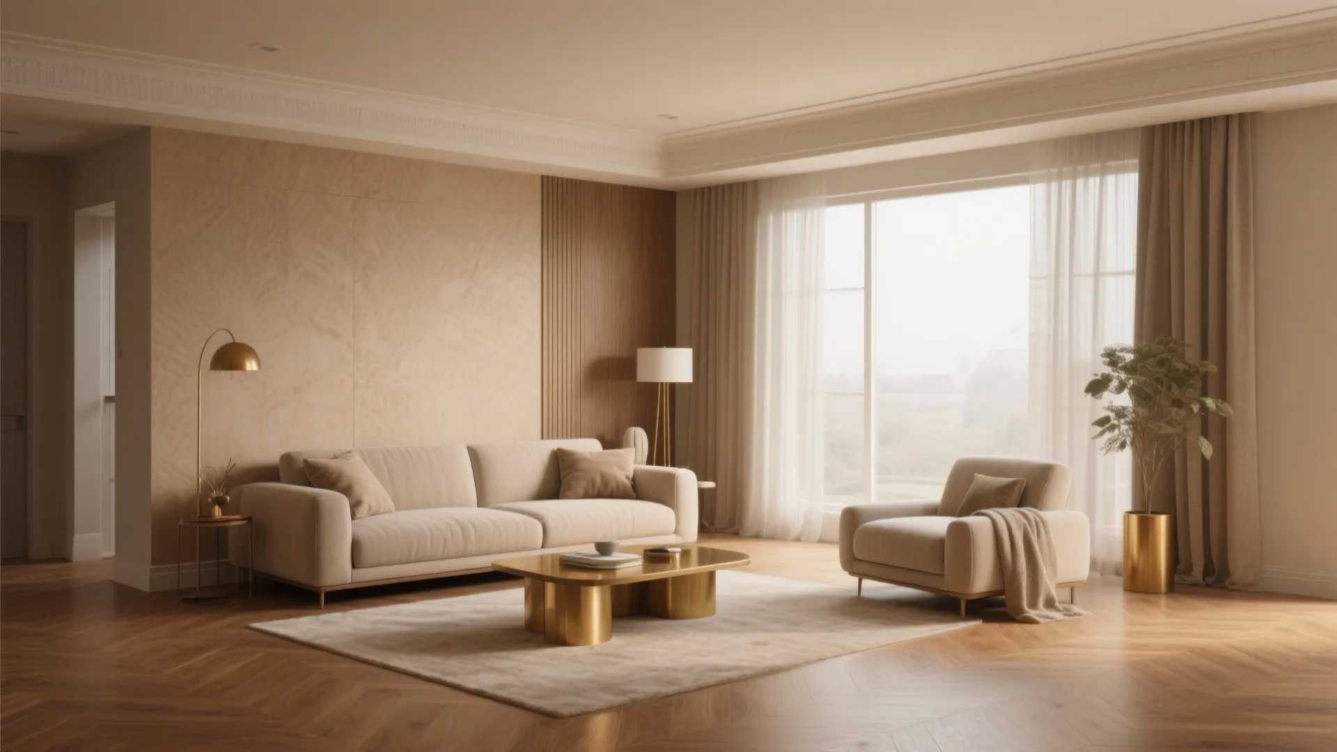 Beige living room with sofa, armchair, gold coffee table, wood wall panels, and natural sunlight.