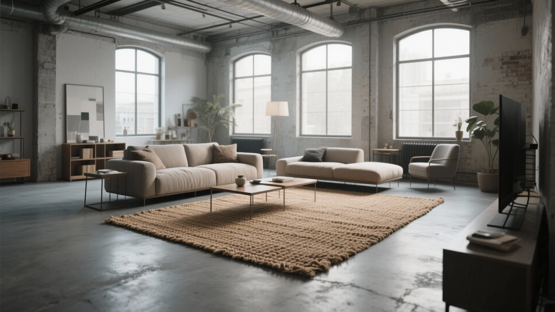 Tan woven rug over grey concrete flooring