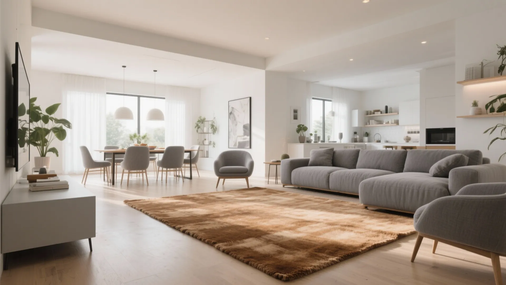 8. Oversized Tan Area Rug Under Grey Furniture