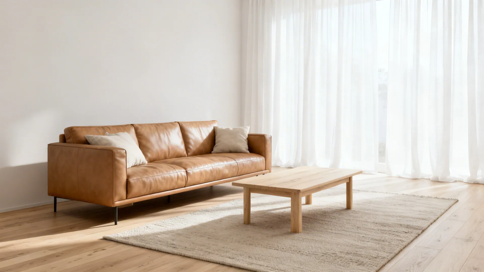 Brown leather sofa with pillows wooden coffee table and white curtains in a bright sunny room
