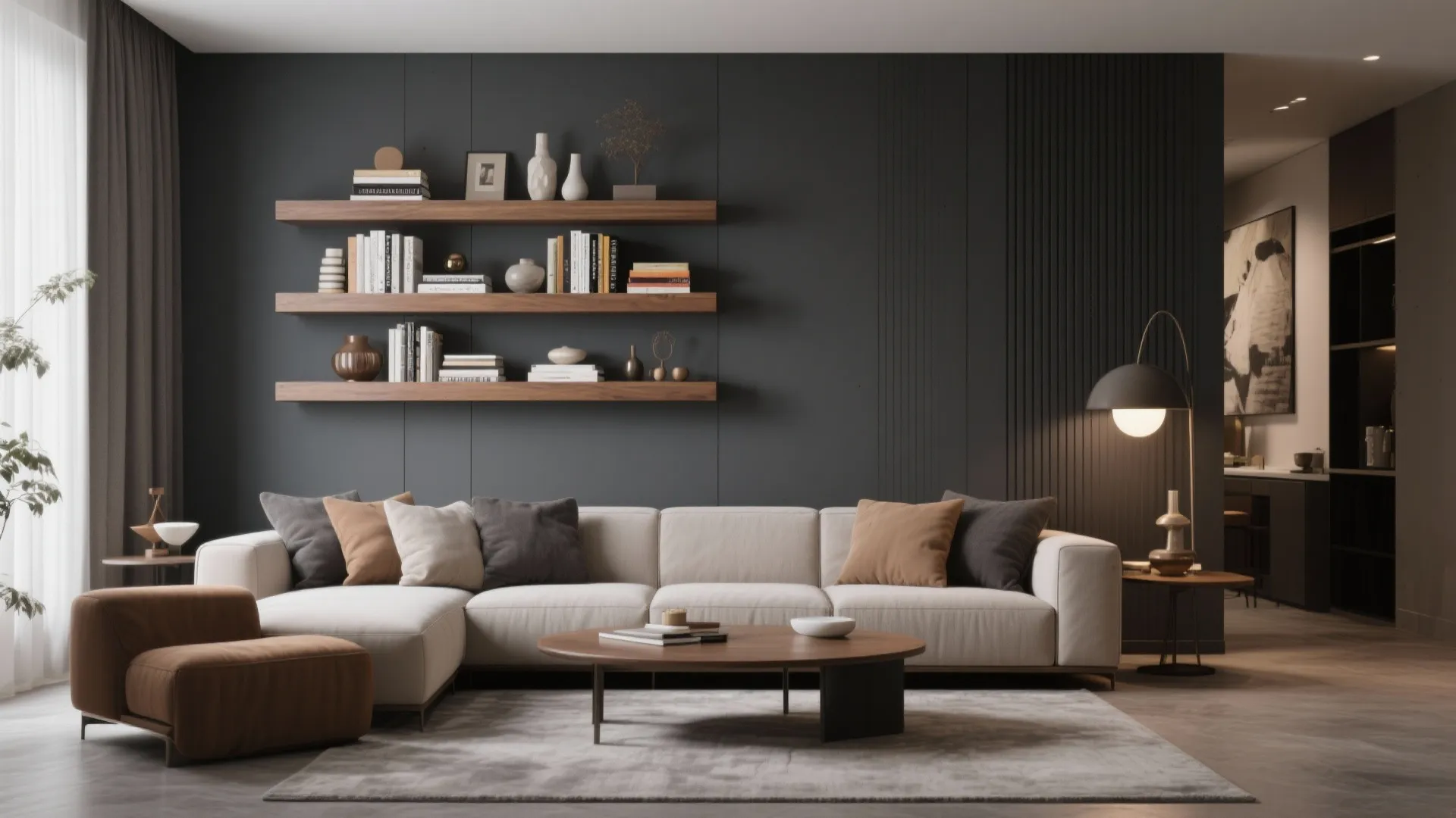 Tan wood floating shelves on a grey wall