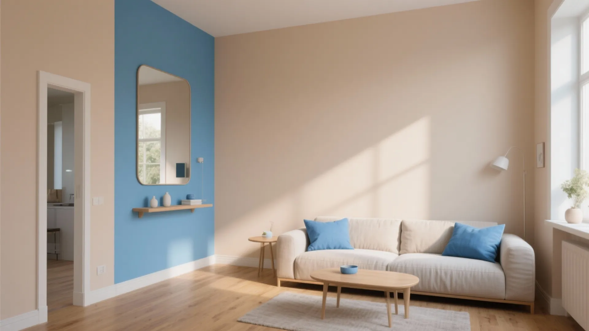 2. Light Tan Walls with Sky-Blue Accents