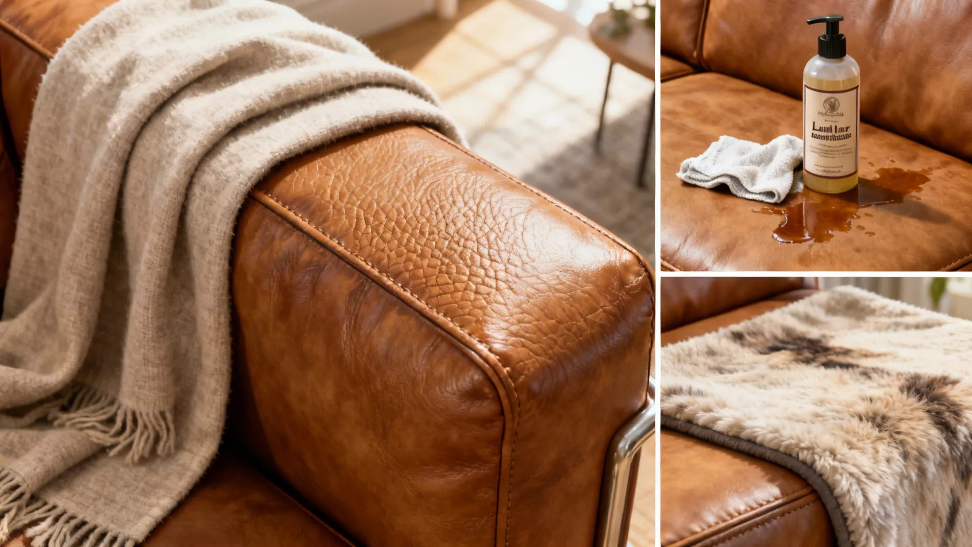 Macro detail shots of tan leather grain, a throw, cleaning with a damp cloth and leather conditioner.