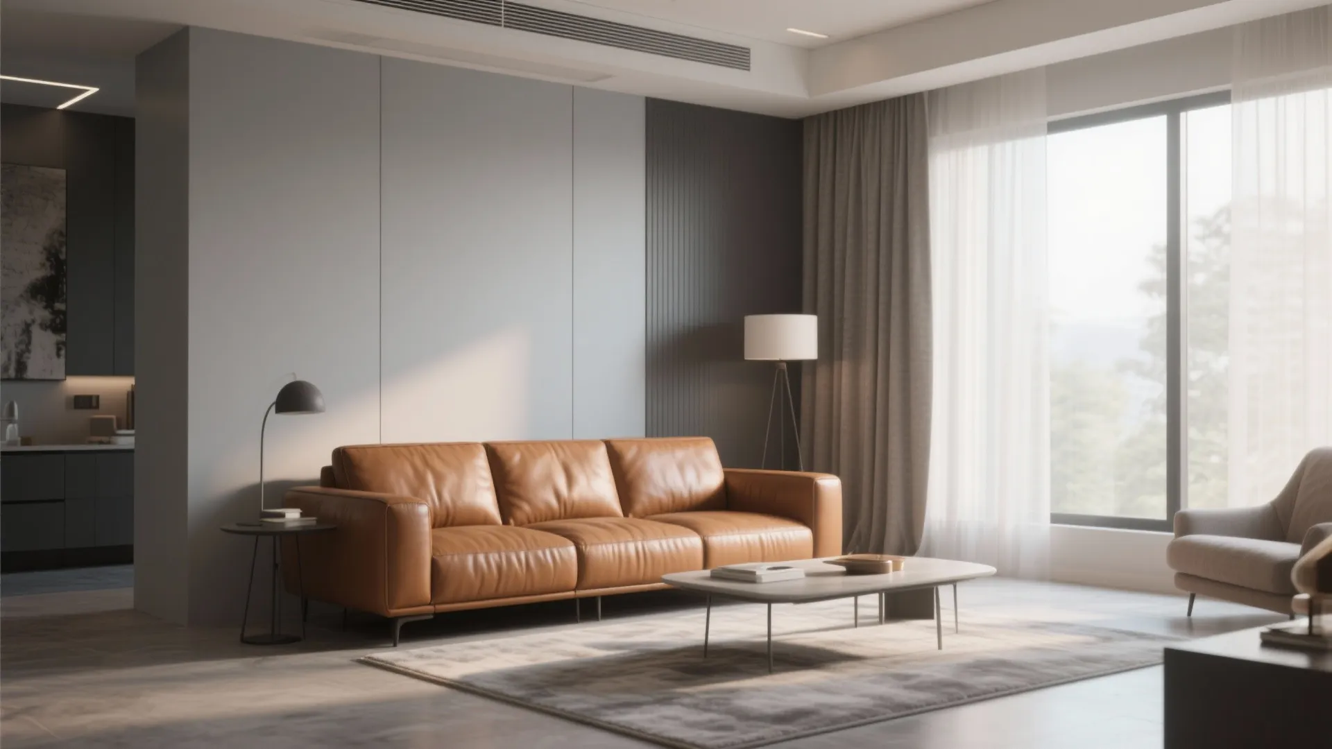 Tan leather sofa with grey wall and soft neutral curtains