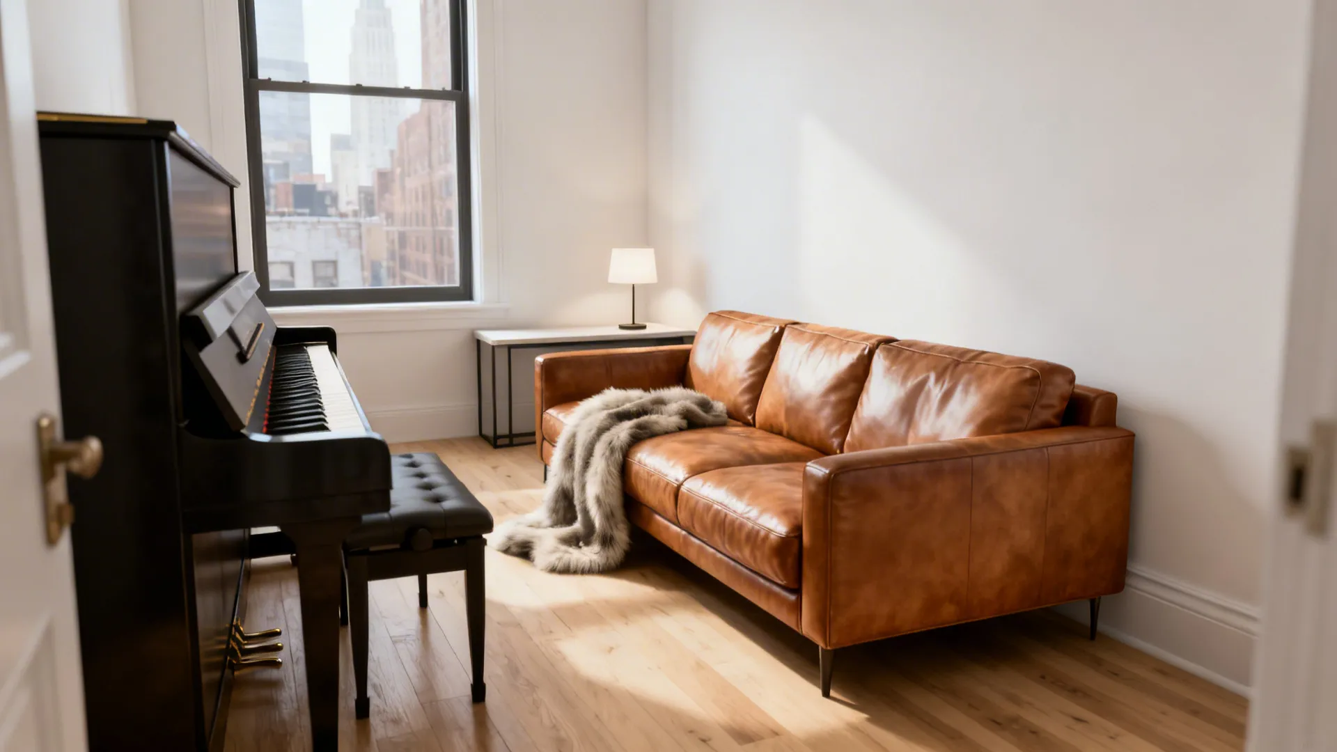 Brown leather sofa with a fuzzy blanket next to a black piano in a bright room