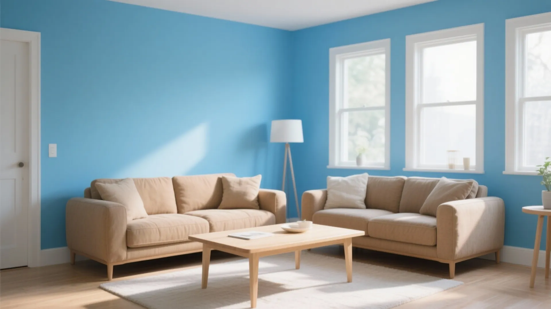 Modern living room with tan sofas blue walls wooden coffee table white rug and natural sunlight