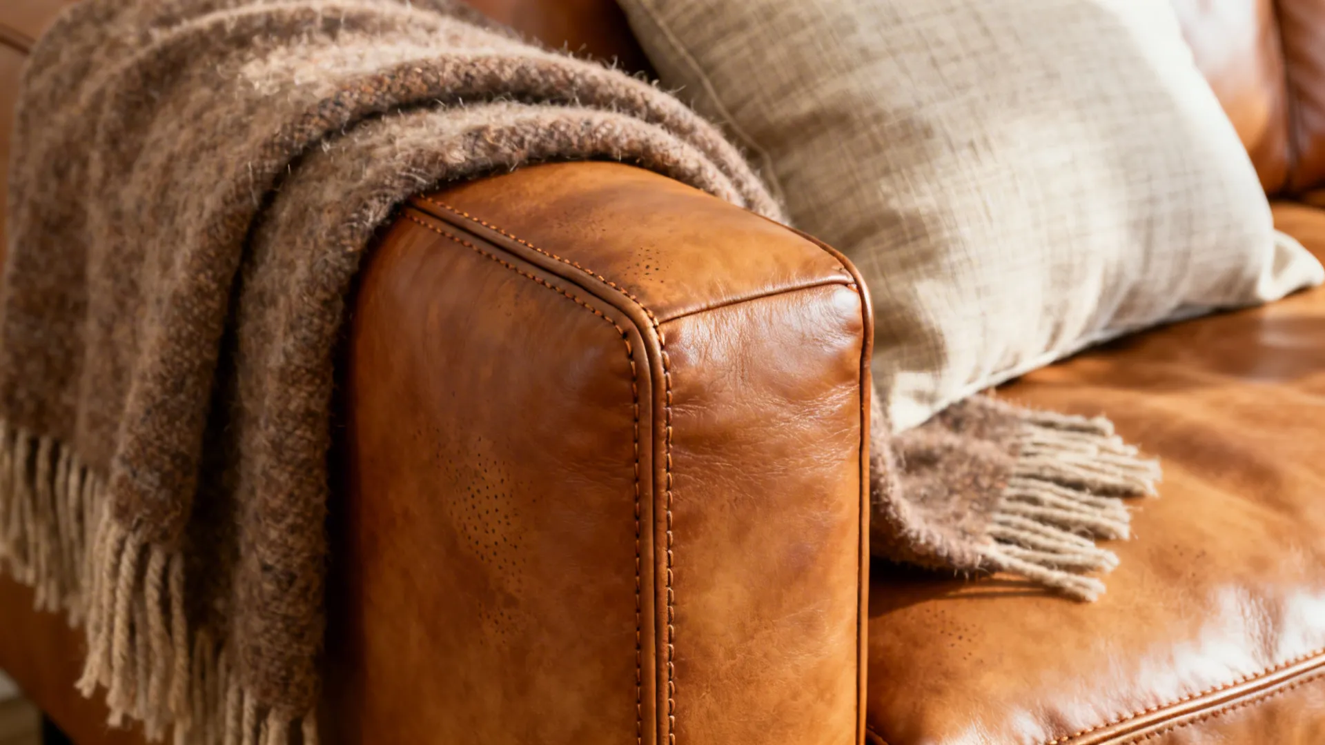 Close-up of a tan leather sofa with a wool throw and linen cushion showing texture and stitching.