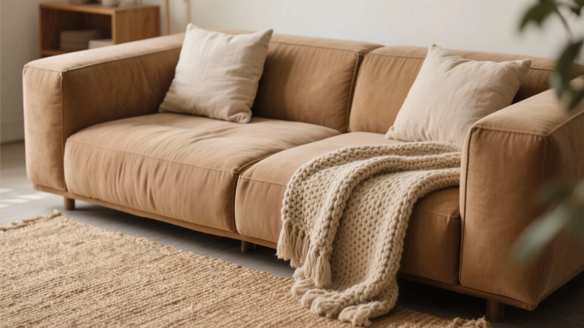 2. Textured Accents Around a Tan Sofa