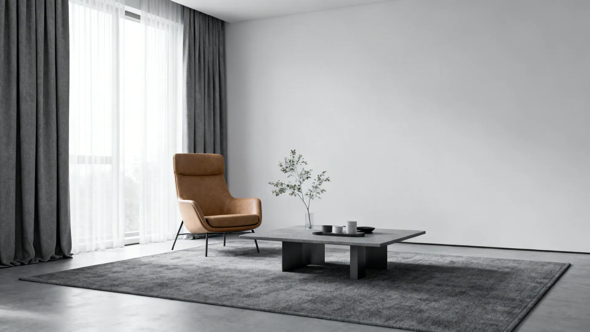 Monochrome gray living area with a single tan statement chair as focal point.