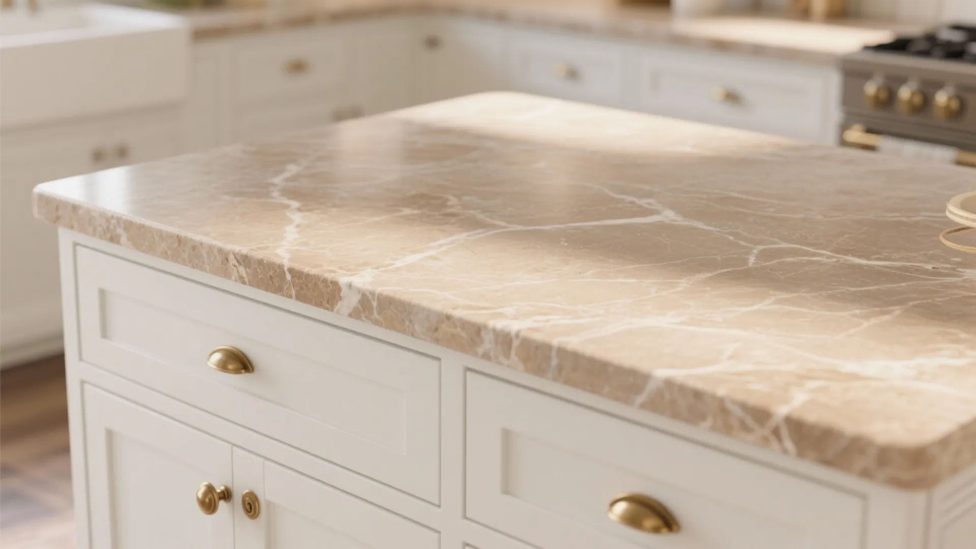 Close up of tan stone countertop on white kitchen island with gold handles and drawers