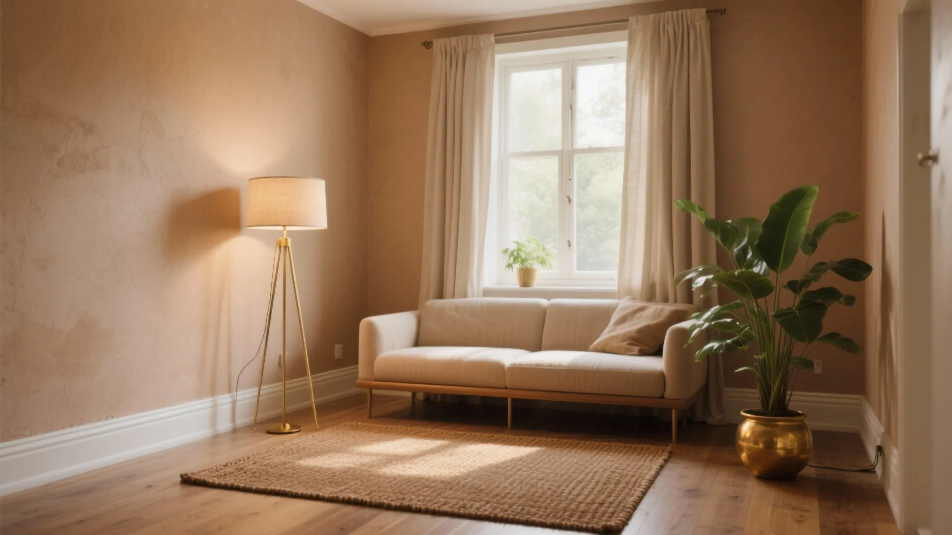 Minimalist living room with white sofa floor lamp curtained window wooden floor and gold plant