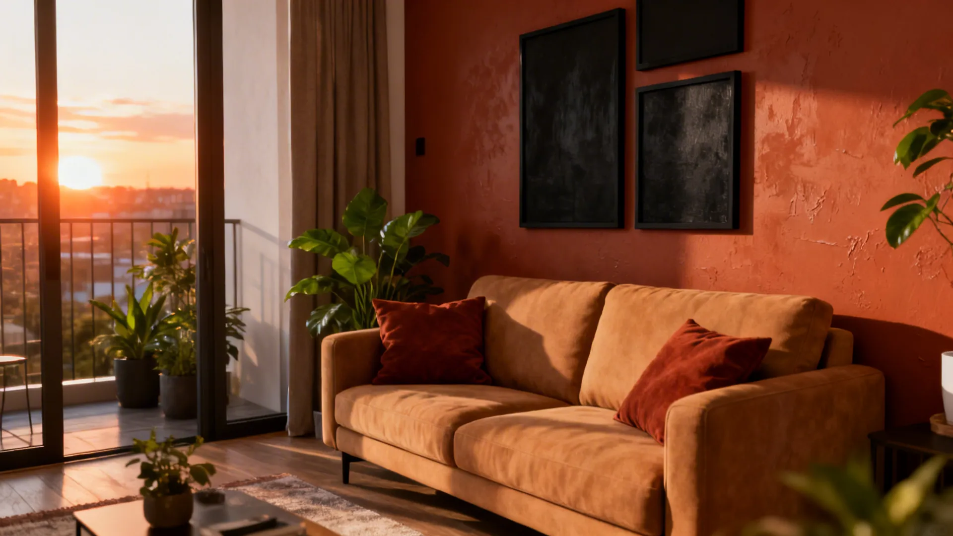 Living room with orange walls tan sofa red pillows and balcony view at warm sunset