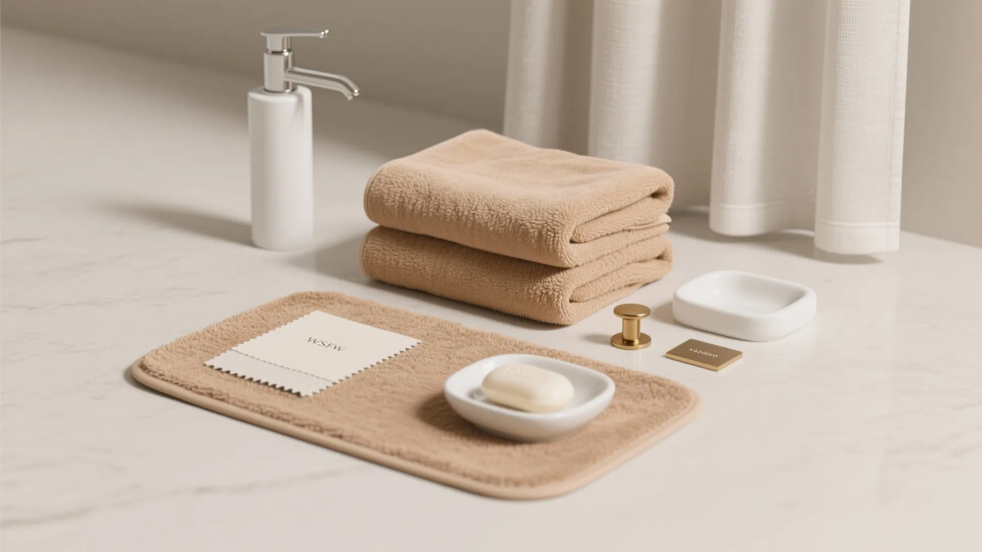 Bathroom essentials including tan towels soap dispenser soap dish and small rug on white counter