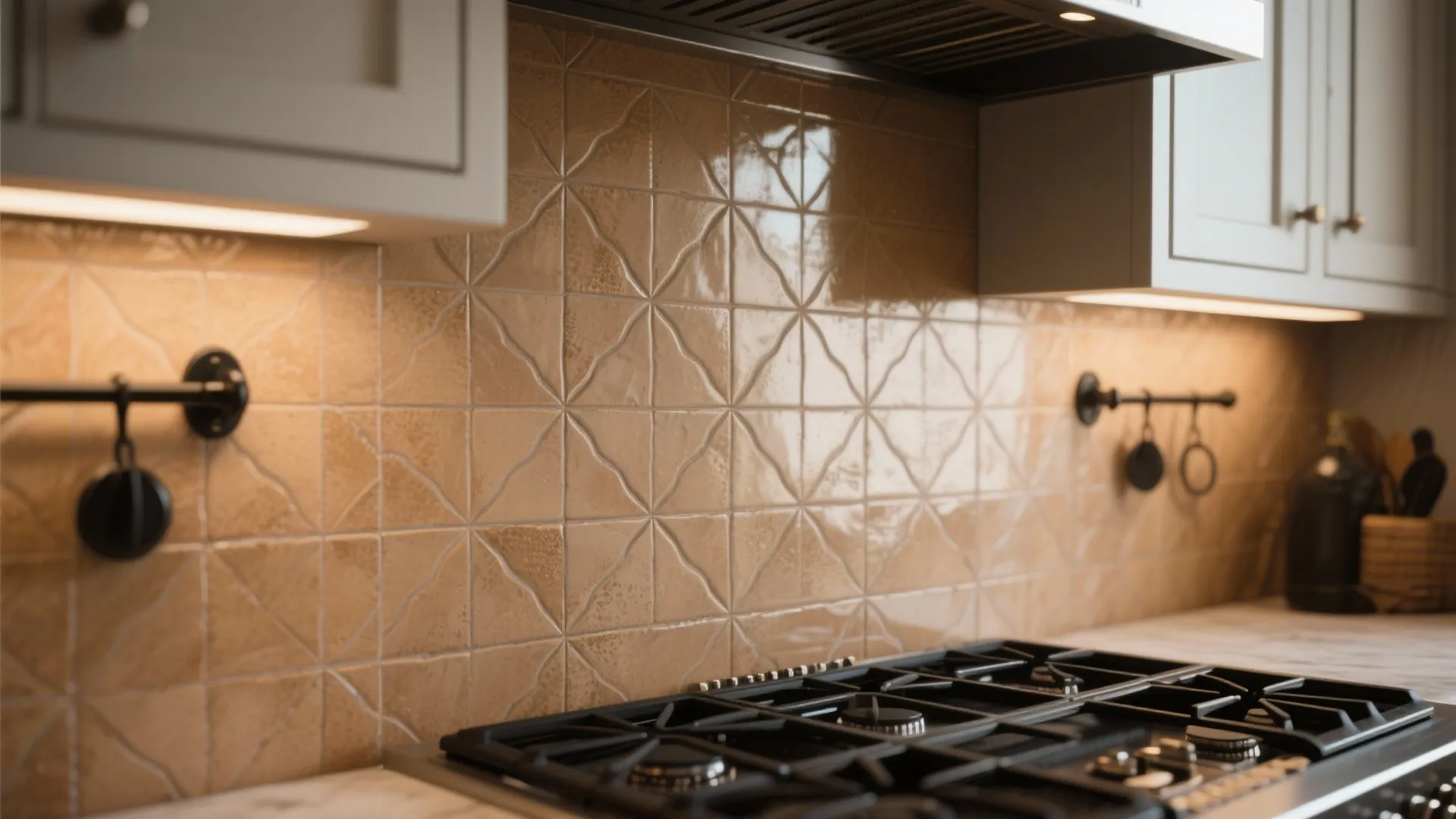 Modern kitchen with tan patterned tile backsplash grey cabinets gas stove and warm under cabinet lighting