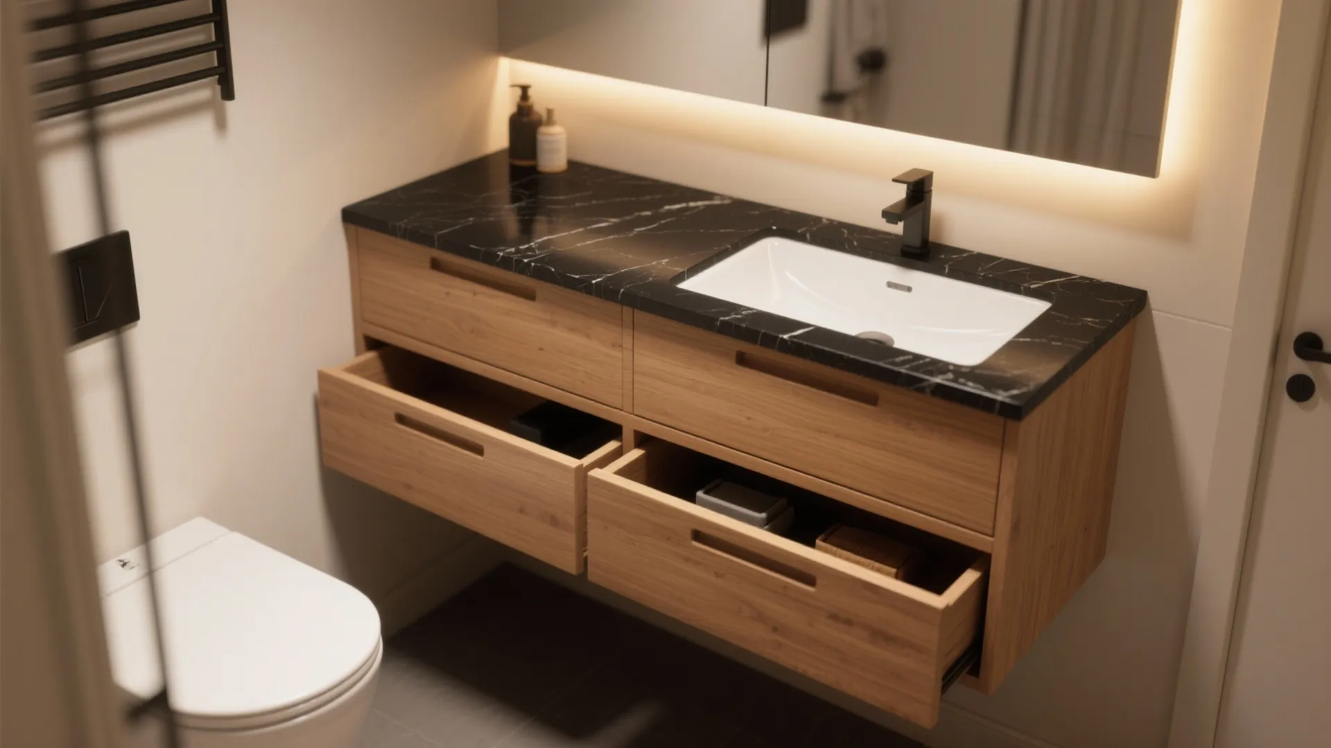 2. Tan vanity with black countertop