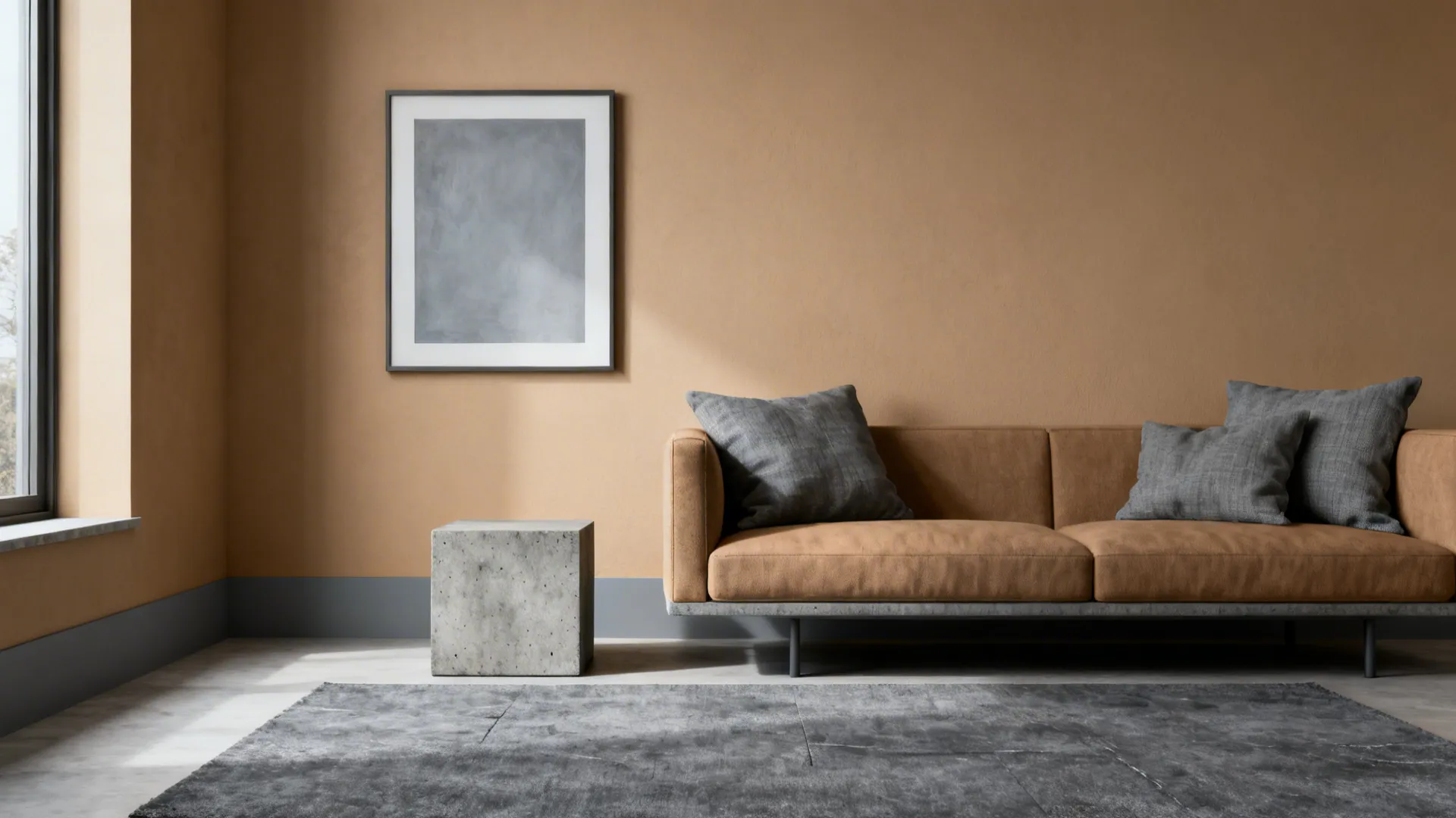 Warm tan walls paired with cool gray accents like a slate rug and gray cushions