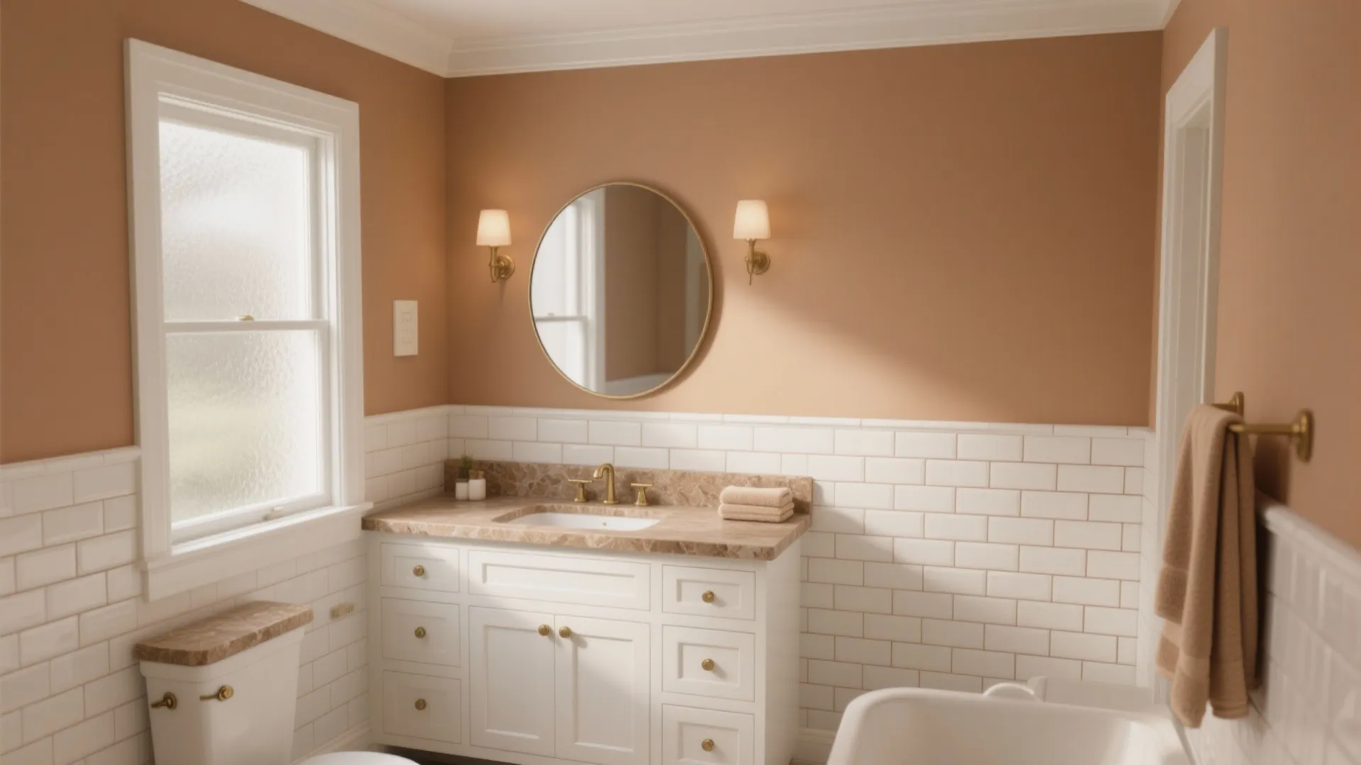 Classic bathroom with tan walls white wall panel round mirror two wall lights and cabinet