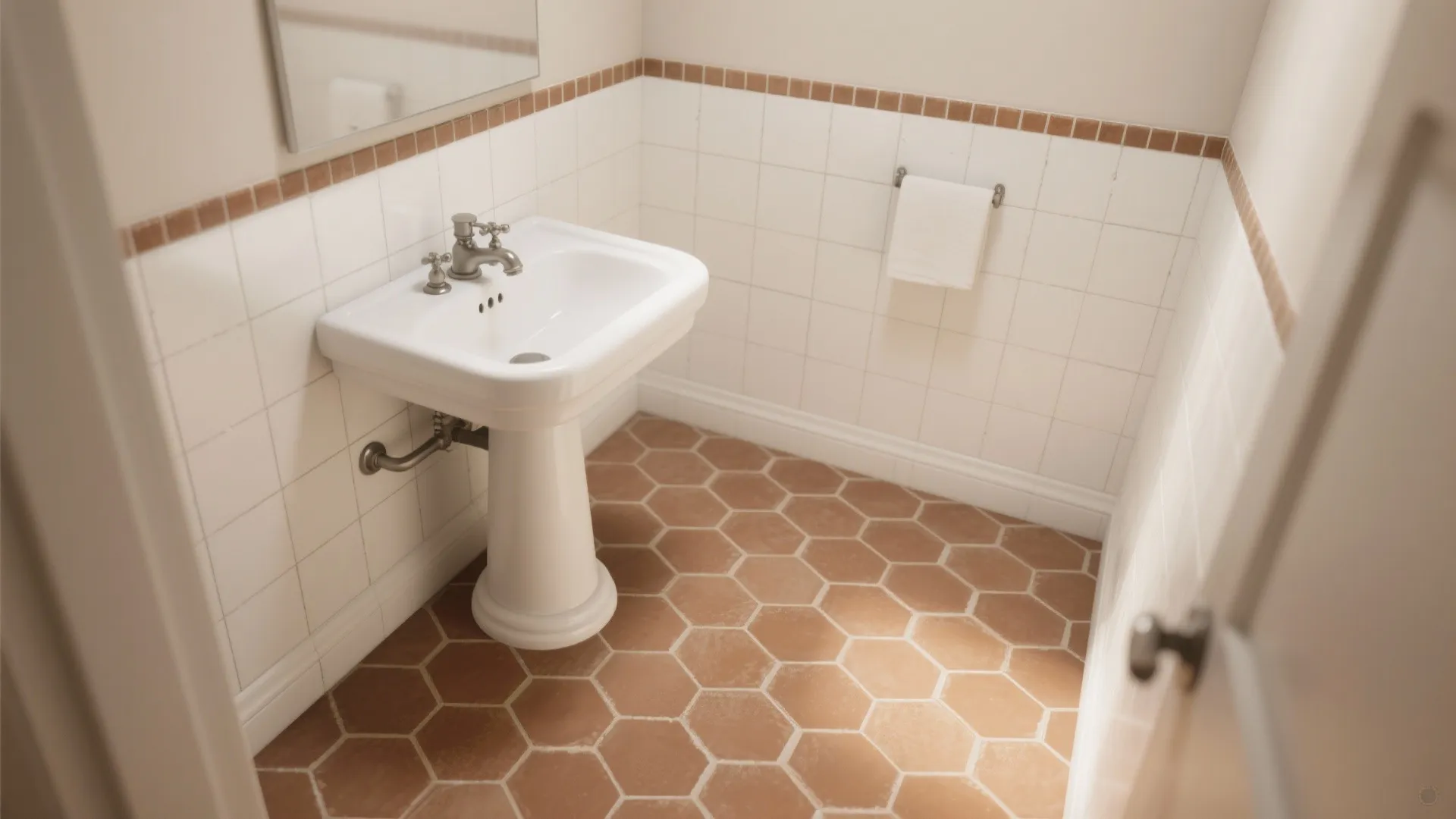 Small bathroom with white wall tiles tan hexagon floor tiles white pedestal sink and wall mirror