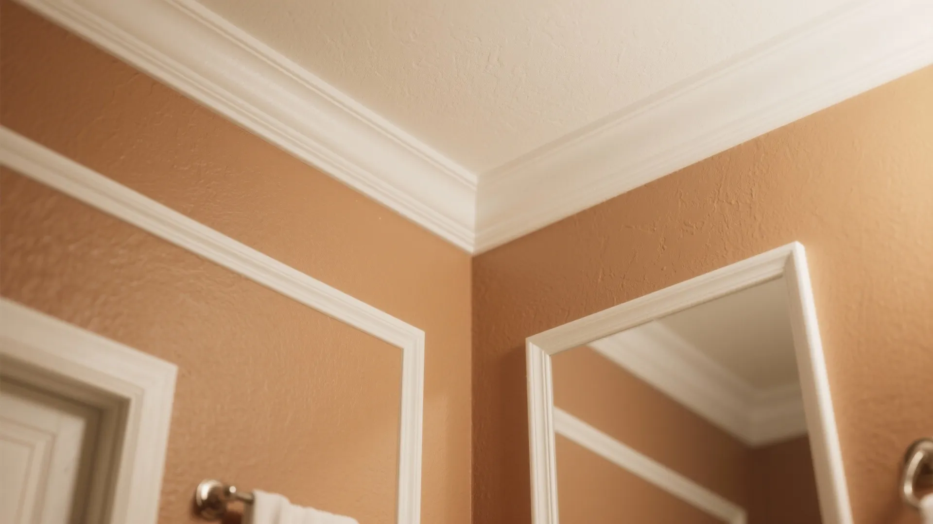 Close up of tan wall with white wall panel decorative trim and crown ceiling light