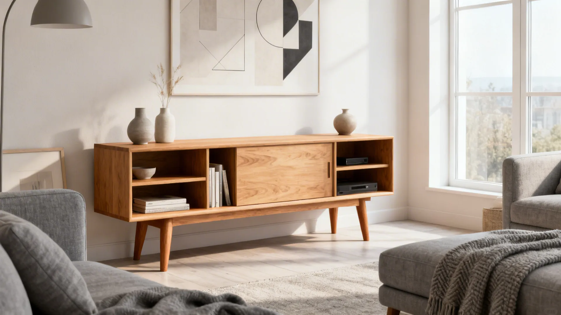 Scandi living room with tan wood furniture and soft gray upholstered seating.