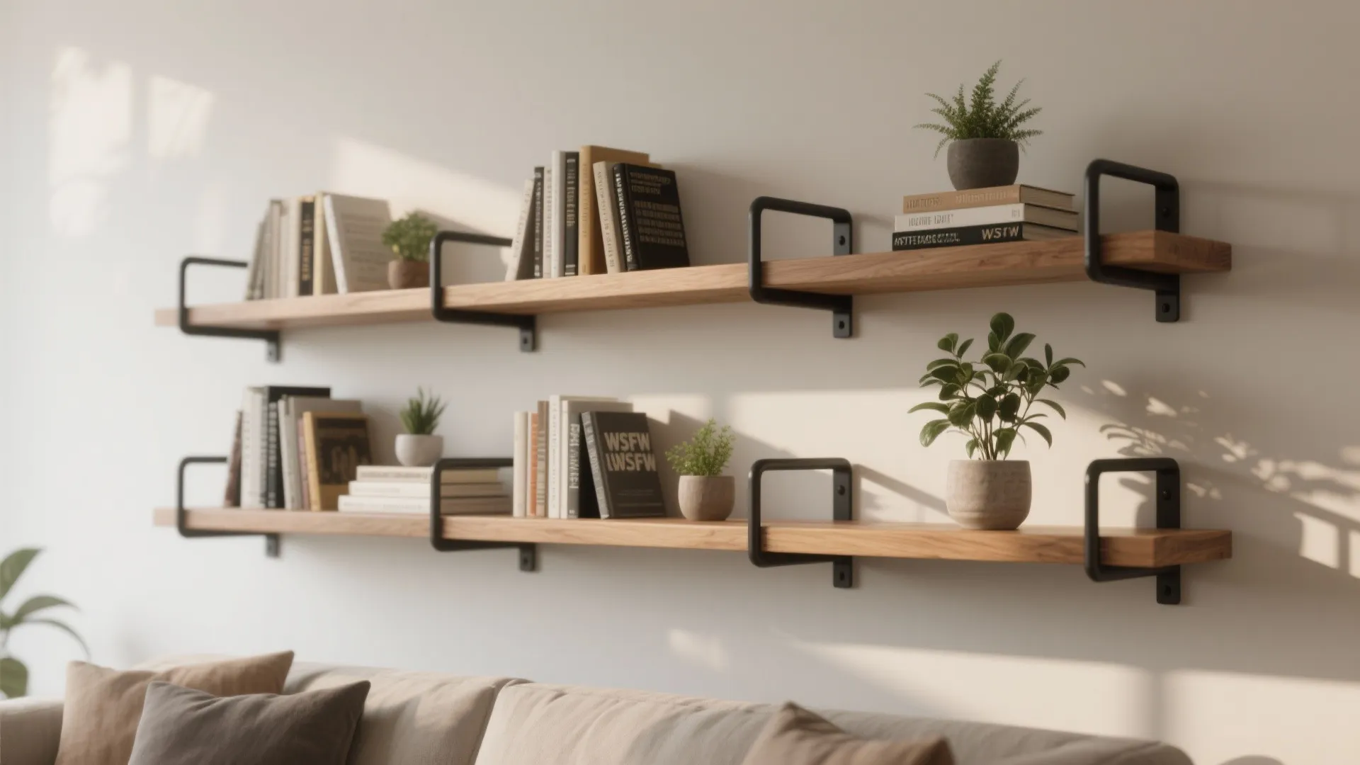 1. Minimalist shelving in tan wood