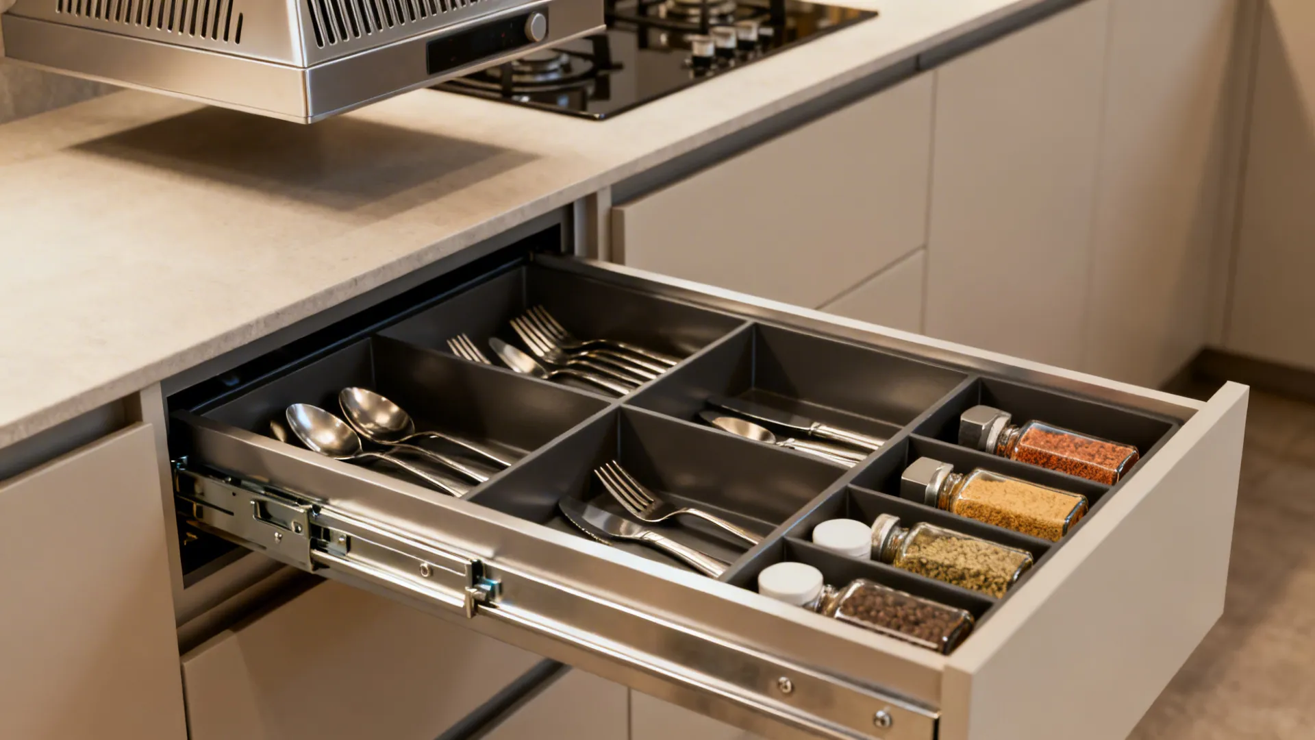 Close-up of a tandem drawer with organized inserts and smooth soft-close action.