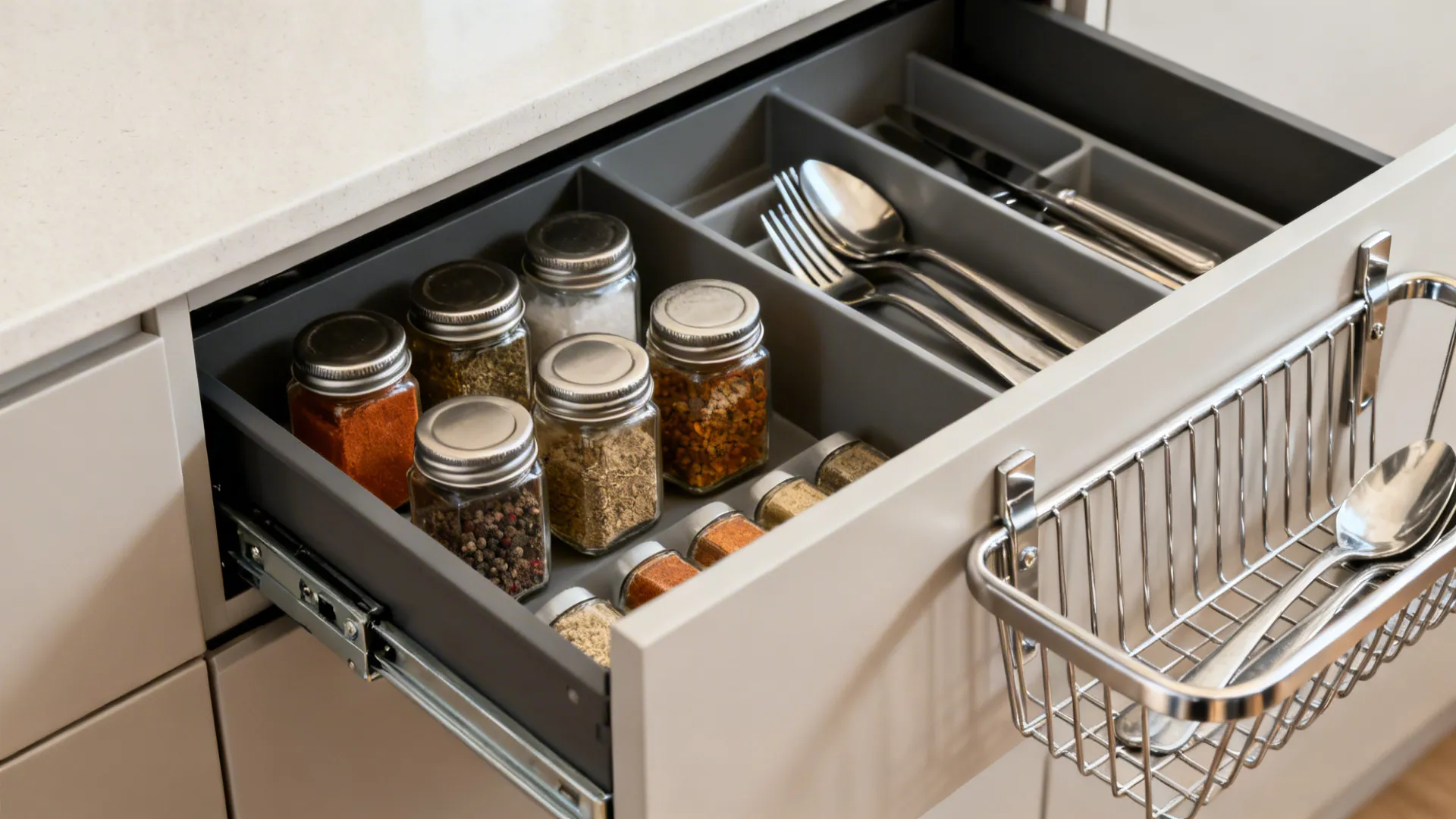 Open kitchen cabinet drawer with organized spice jars silver forks spoons and metal storage basket