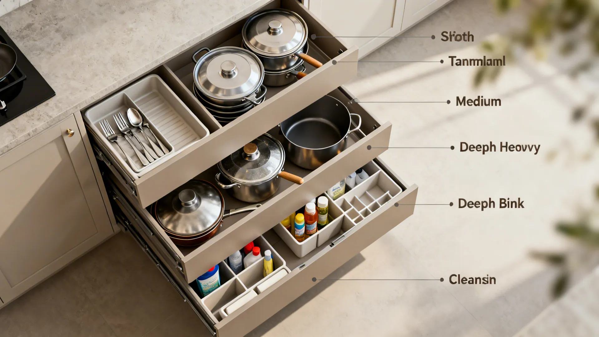 Top-down visual of different tandem drawer configurations and inserts in a minimalist palette.