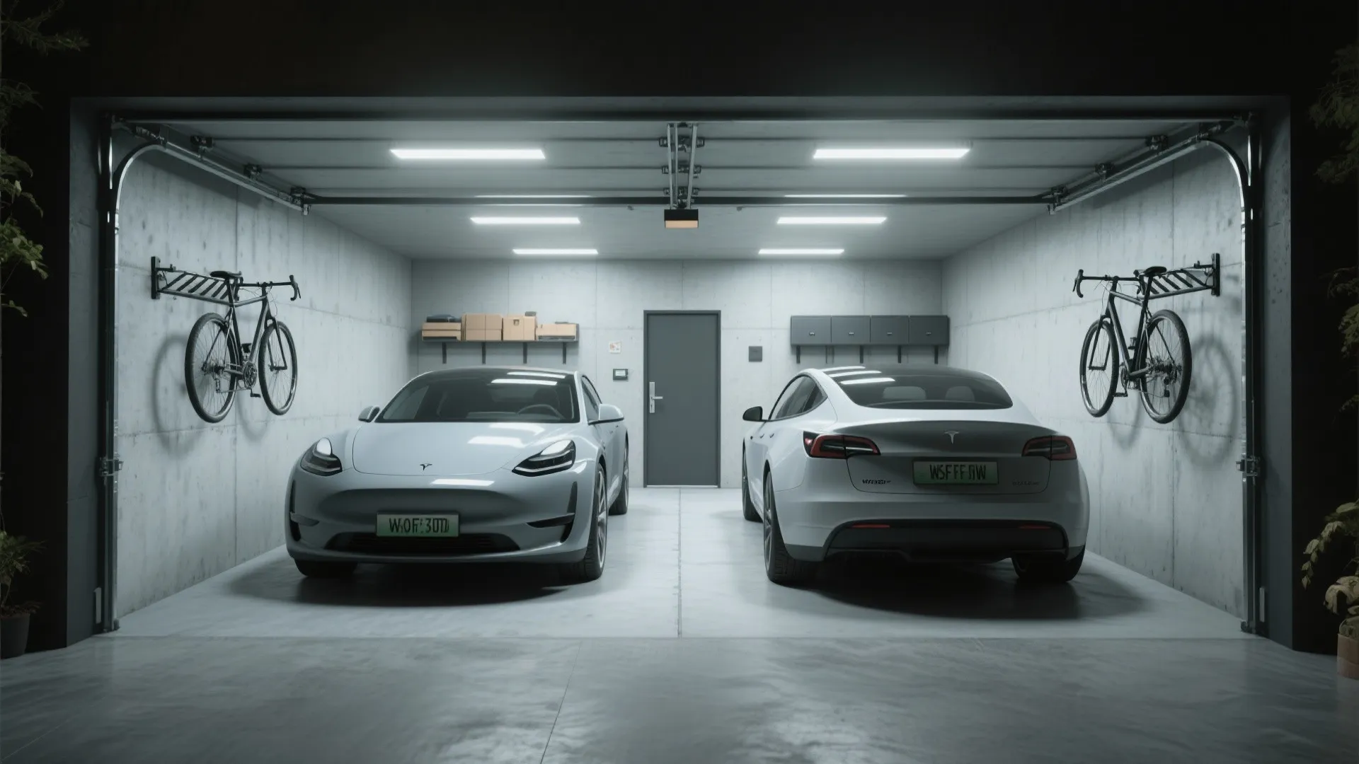 Interior of a tandem garage with two cars parked one behind the other and clear walk-through lane