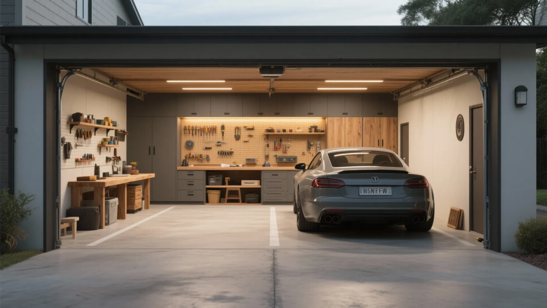 Tandem garage interior with two parking bays and a rear woodworking workshop with built-in storage.
