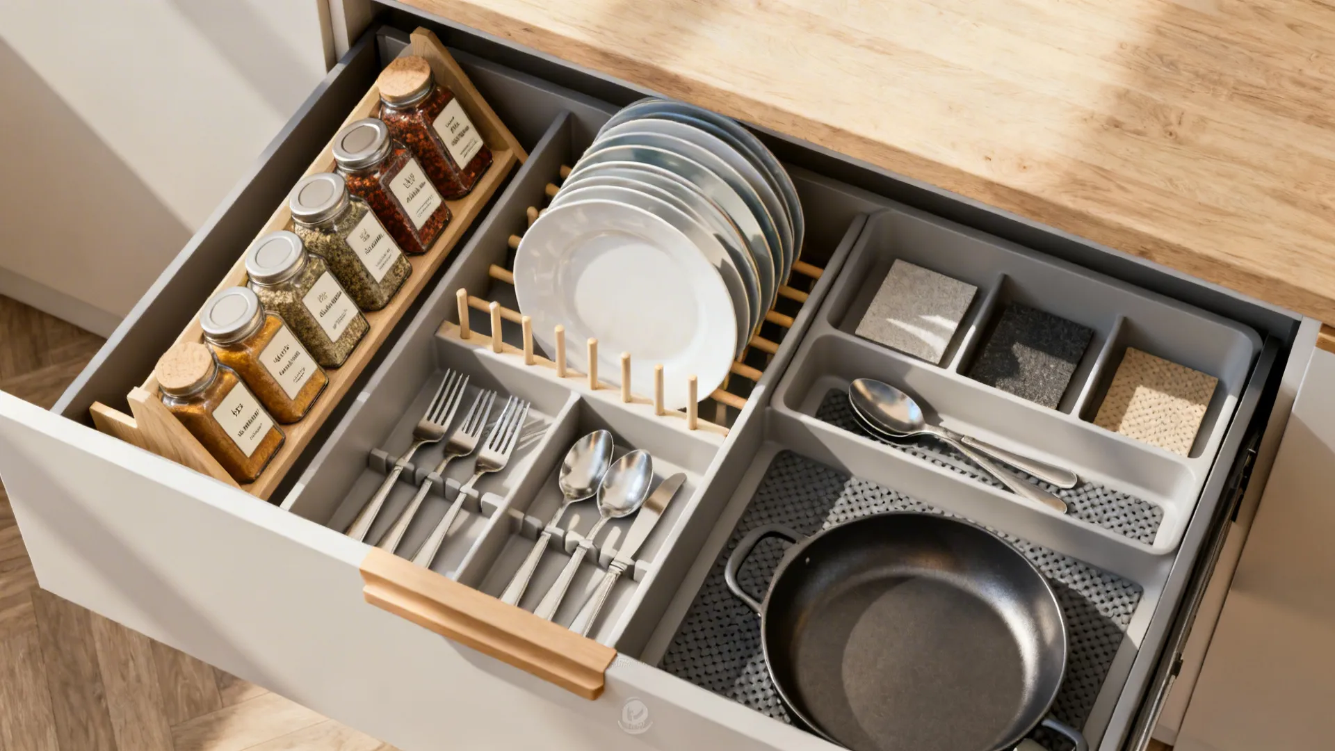 Flat lay of modular drawer inserts including spice racks, plate pegs, cutlery trays, and anti-slip mats.