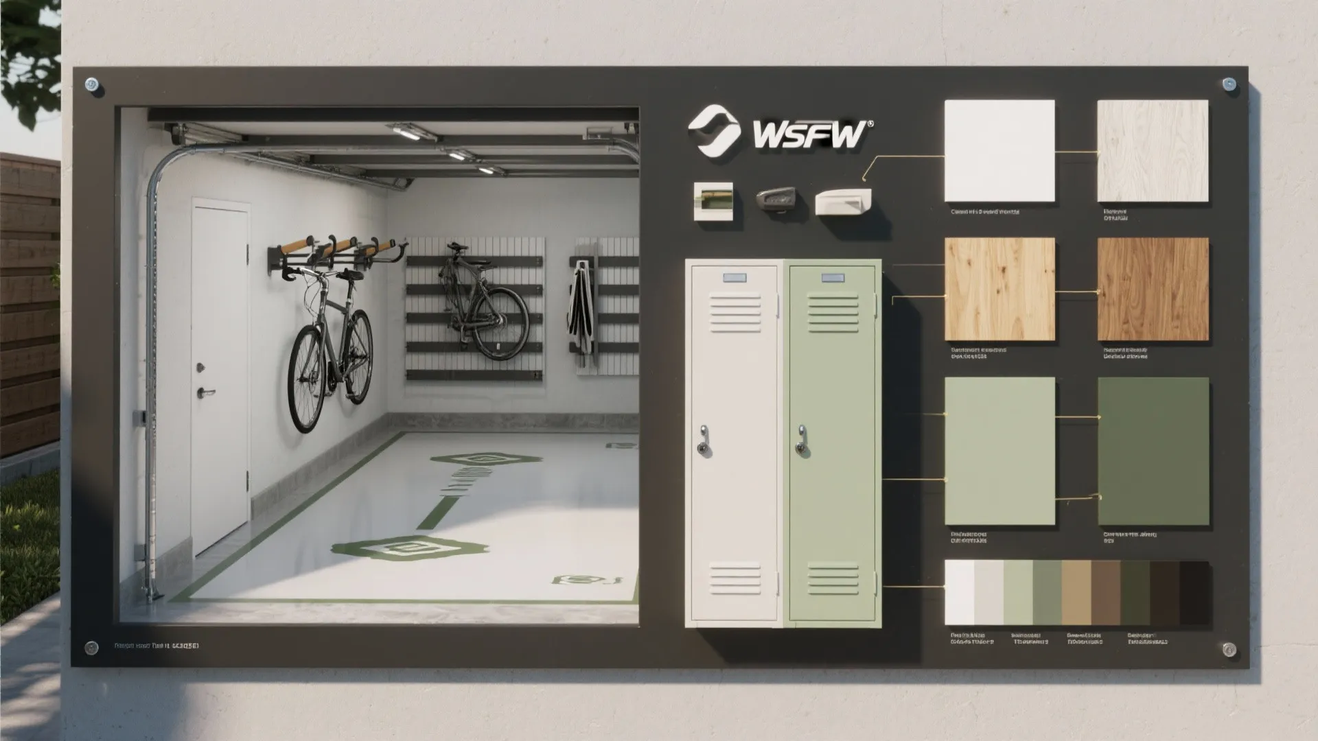 Flatlay of materials and storage solutions for a tandem garage with attached locker