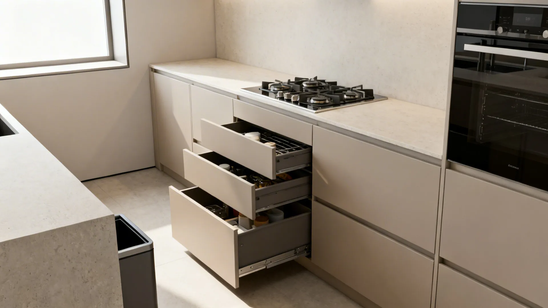Minimalist small kitchen showcasing deep drawers, graduated zones, and a concealed waste cabinet.