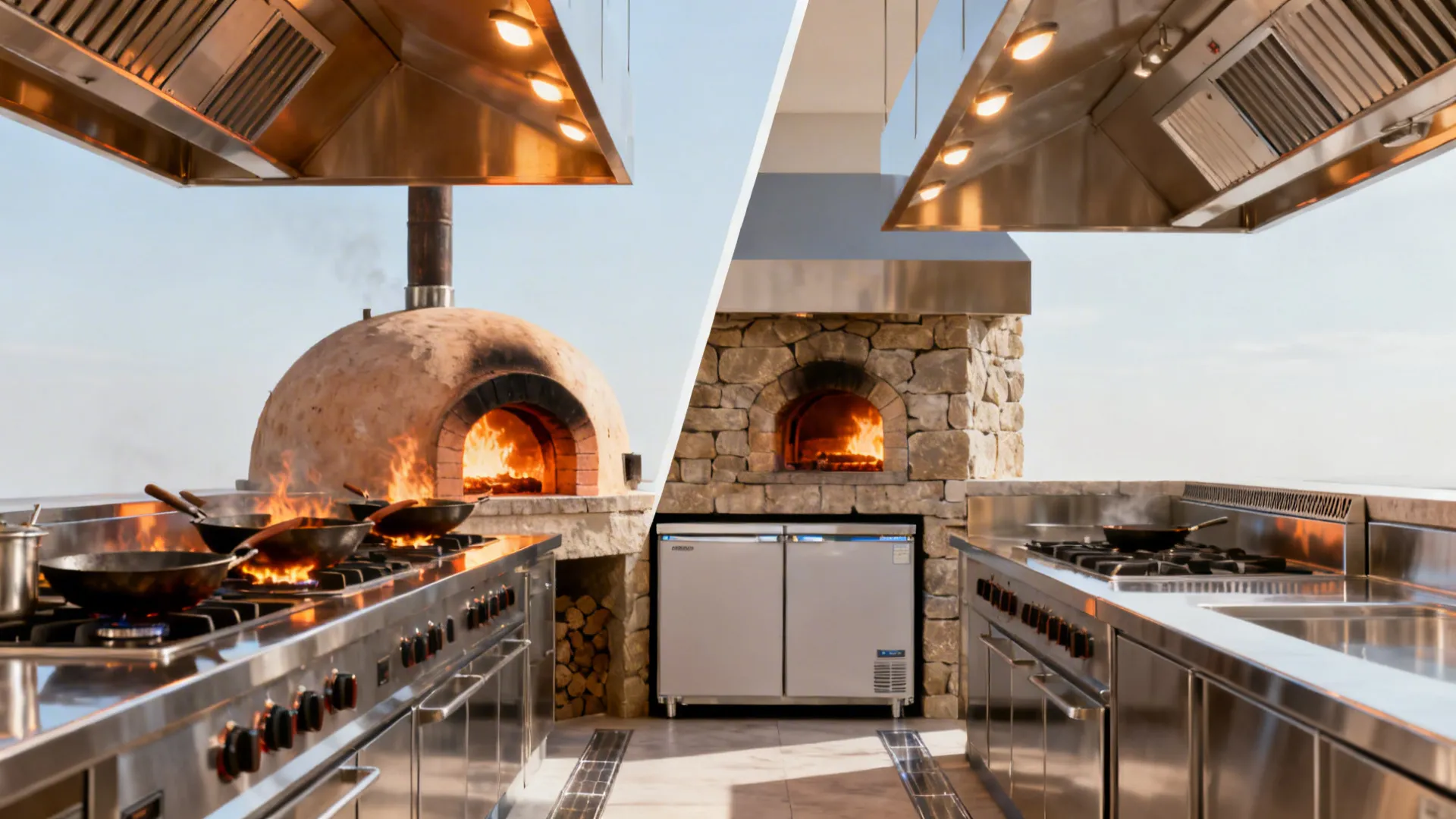 Before-and-after hot line showing a tandoor separated from burners by a refrigerated buffer for heat control.