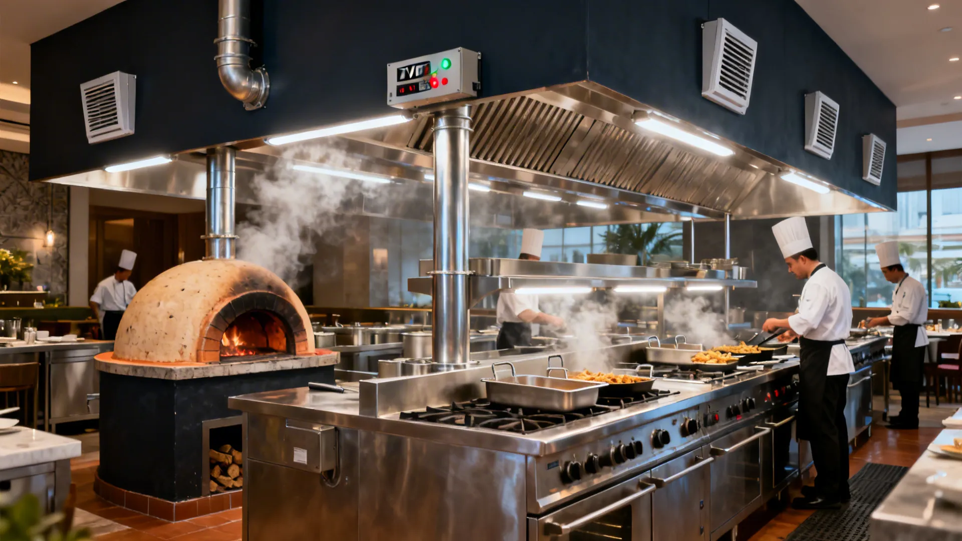 Tandoor and fry line under deep canopy hoods with balanced make-up air.