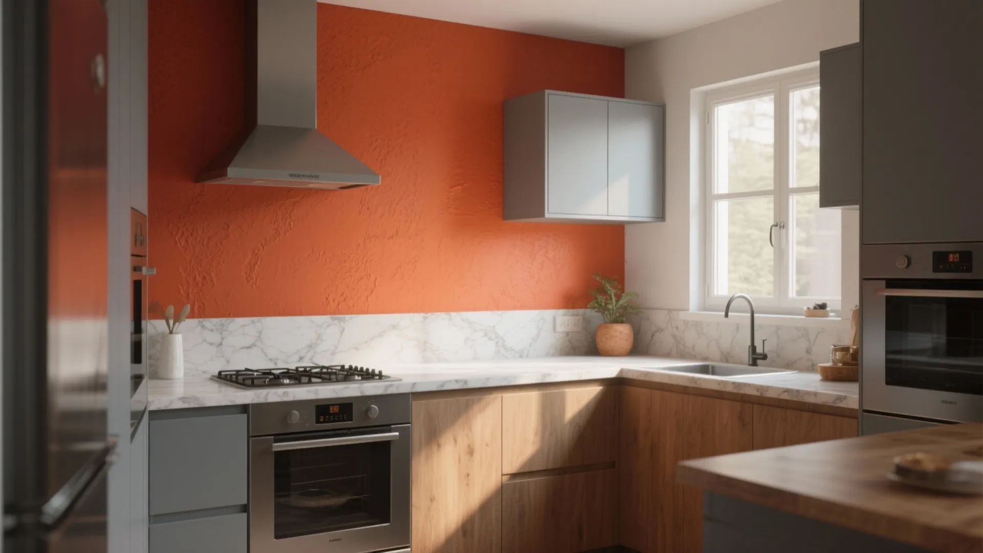 1. Tangerine Accent Wall with Neutral Cabinets