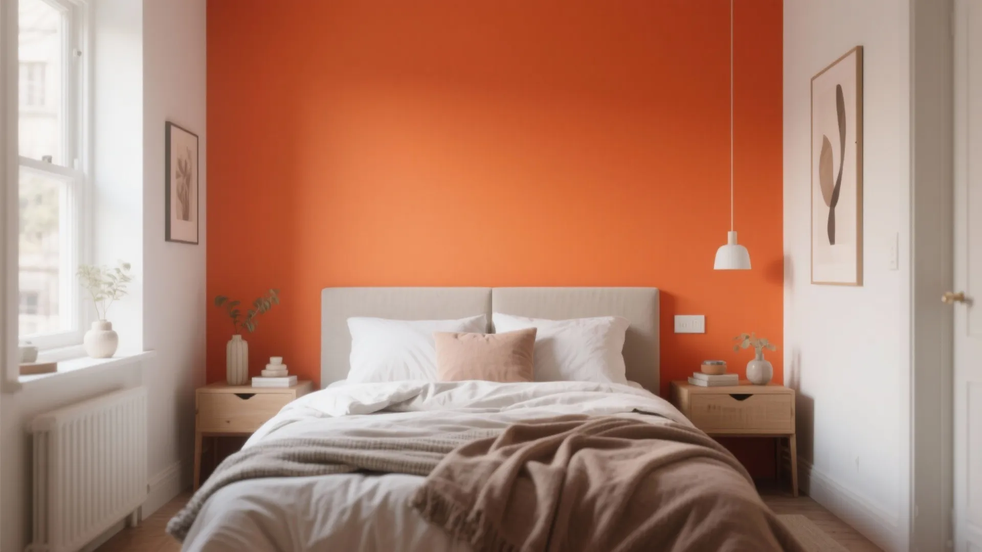 Modern bedroom with orange accent wall white bed wooden nightstands white ceiling light and framed art