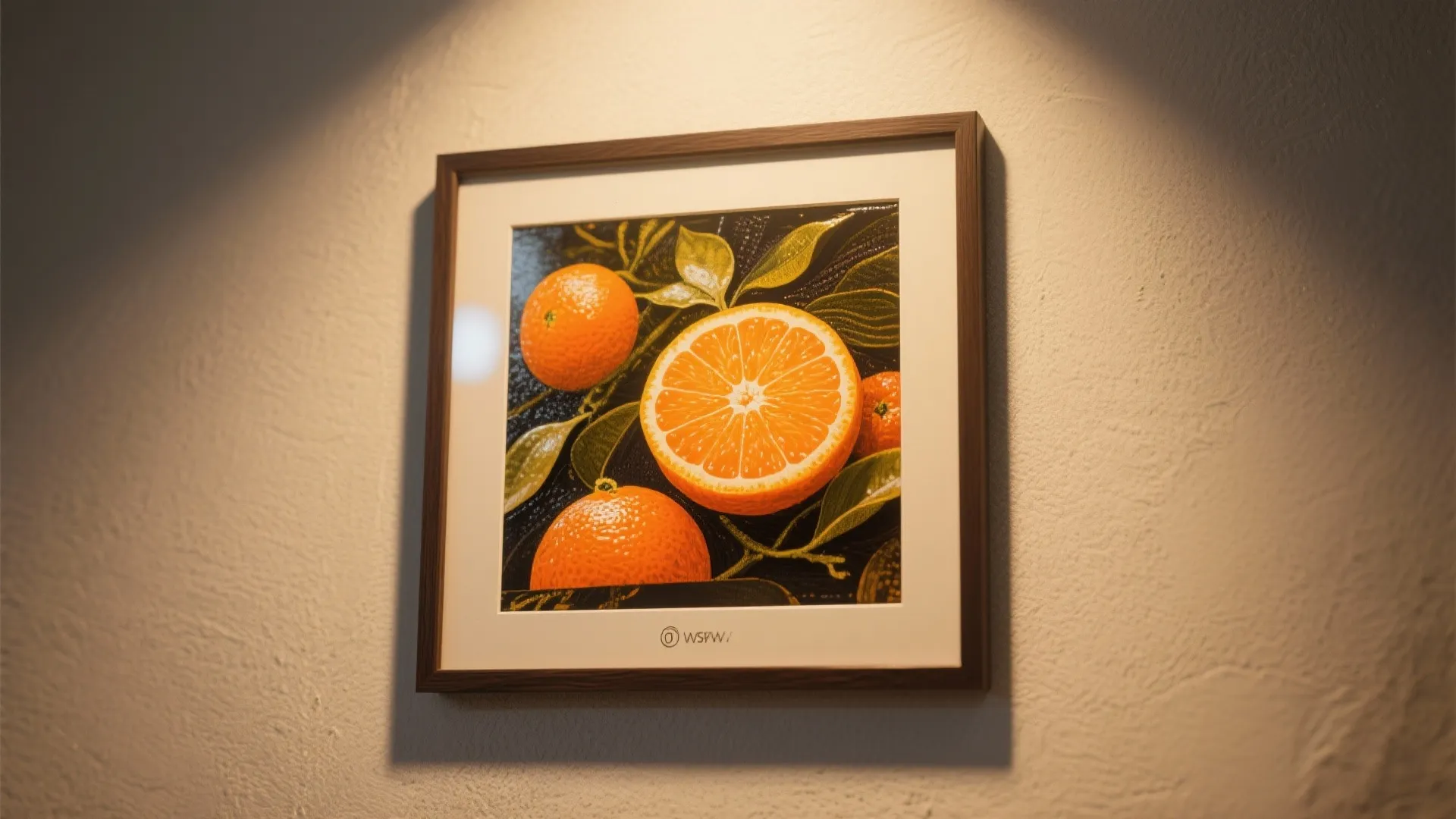 Framed orange fruit painting on white wall with bright light fixture shining from the top