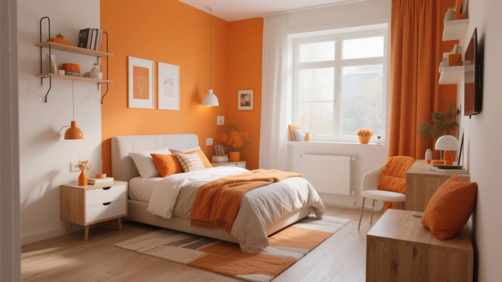 Modern bedroom with orange accent wall white bedding wooden furniture and large window natural light