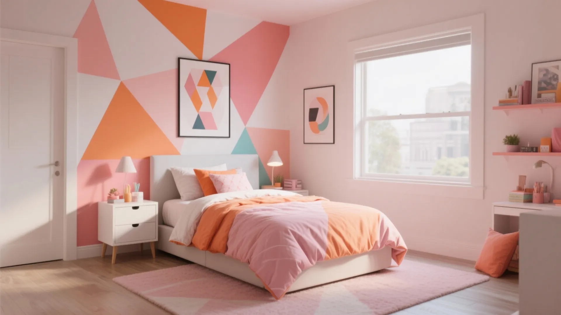 Bedroom with colorful geometric wall pattern pink bedding white nightstand desk and bright window view layout