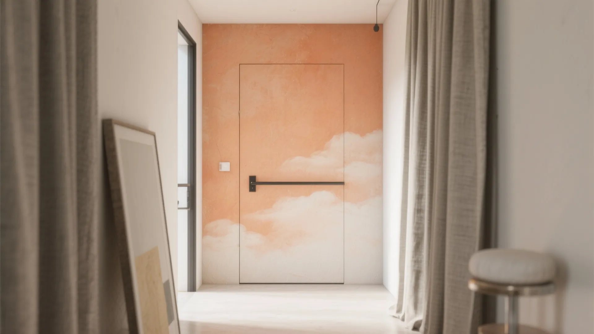 Modern hallway with peach cloud pattern door wall light grey curtains and white floor design