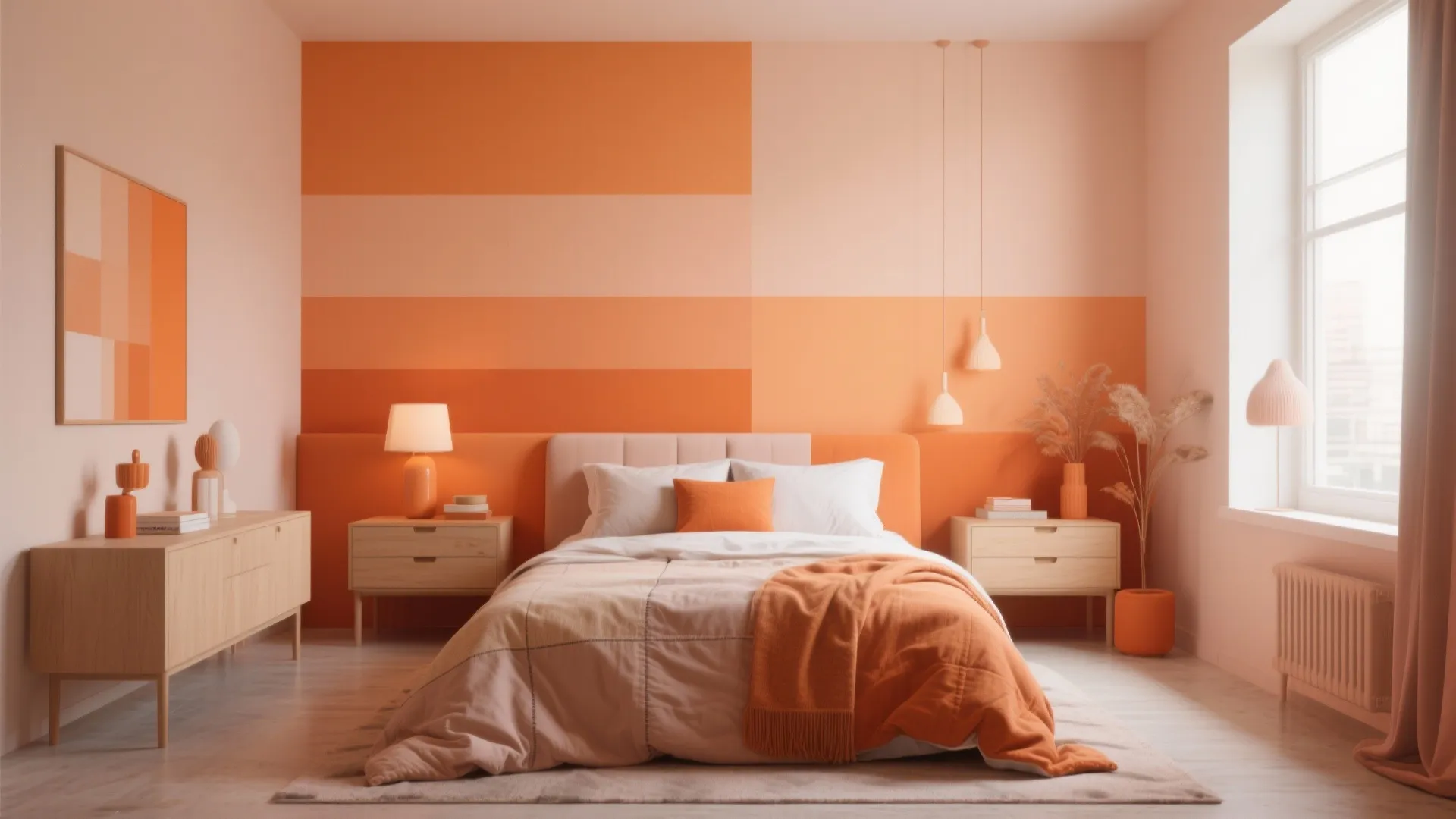 Minimalist bedroom featuring striped orange wall panel wooden cabinets and hanging light fixtures in room