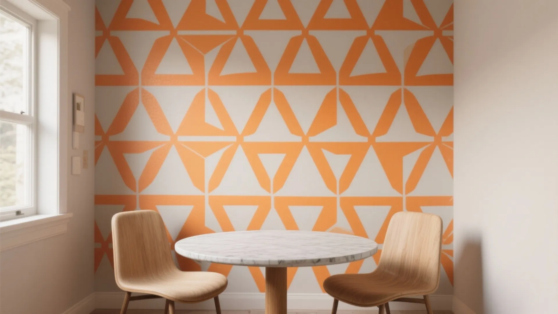 Dining area featuring orange geometric pattern wallpaper, round marble table, two wooden chairs, and window
