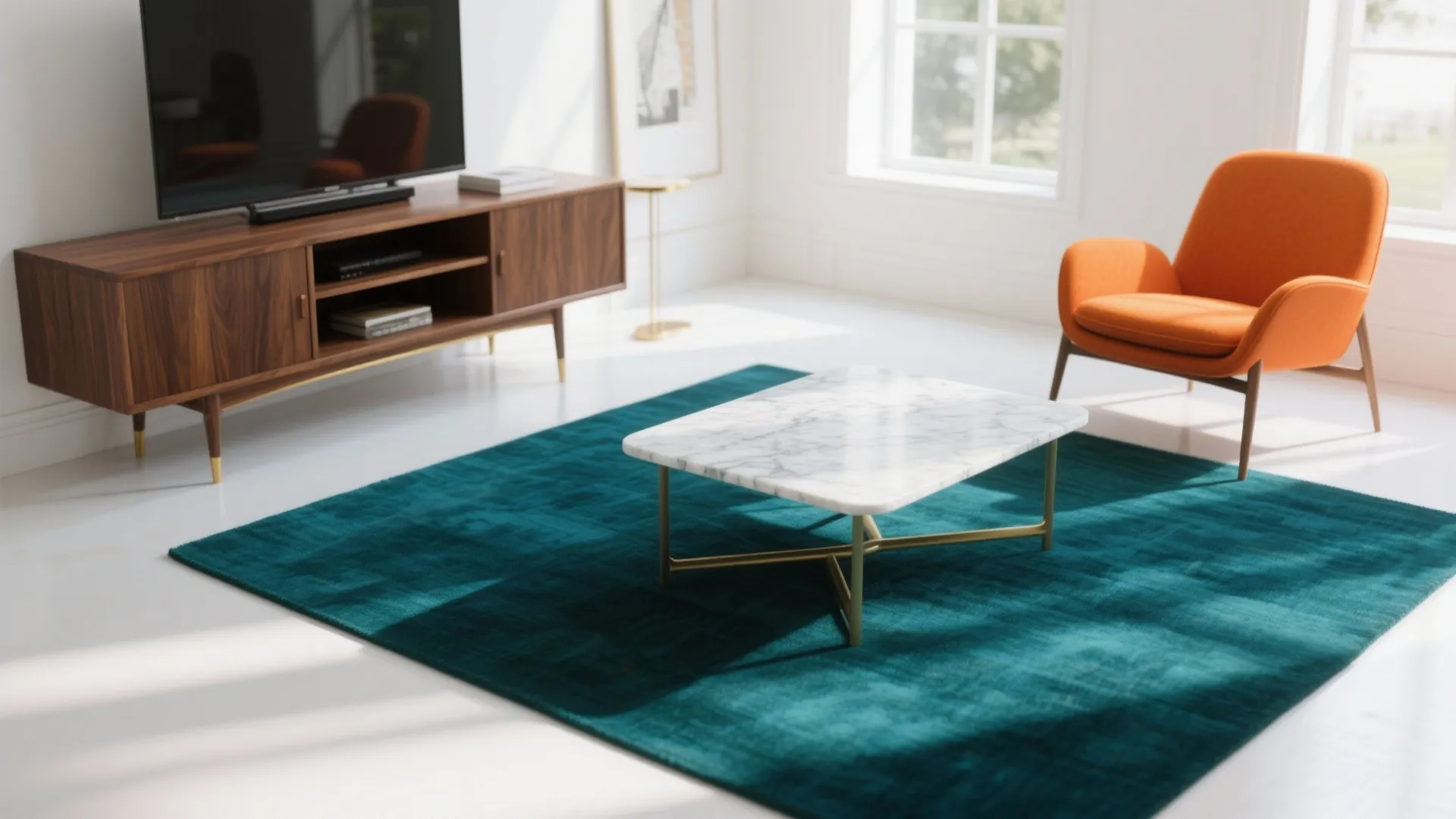 Modern living room with teal rug orange armchair marble coffee table and dark wood cabinet