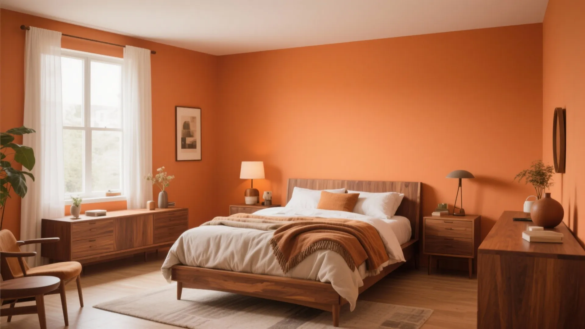 Modern bedroom with orange walls wooden bed frame brown cabinets white window curtains and lighting