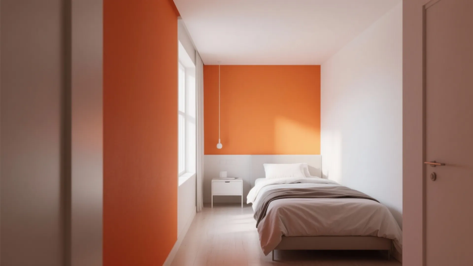 Narrow bedroom with orange and white walls single bed white nightstand small window and ceiling light